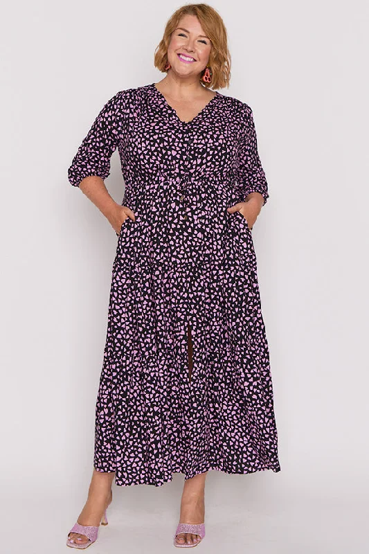 Adeline Abstract Hearts Black Pink Maxi Dress