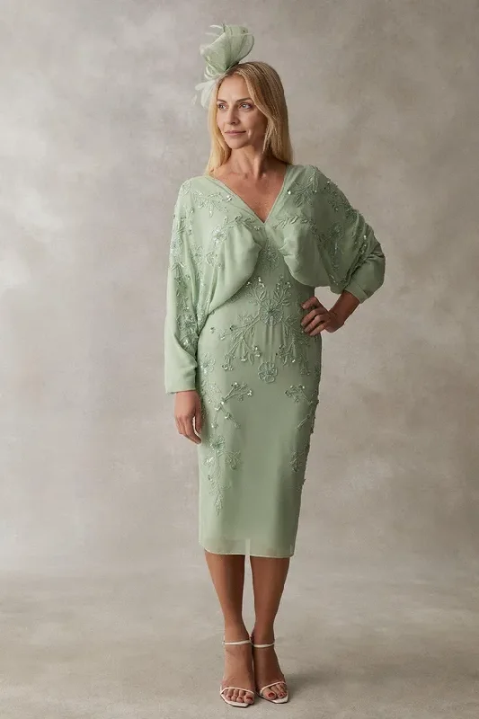 Beaded Sequins V Neck Kimono Midi Dress V-Neck Wedding Guest Dresses Chiffon Mother of the Bride Dresse