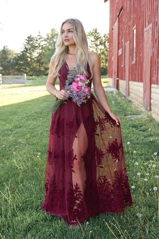 Burgundy A-Line Princess Velvet Deep V-Neck Wedding Guest Dress Prom Dress Maxi Dress