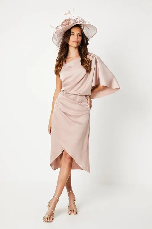 Cape One Shoulder Midi Dress Satin Asymmetrical Mother of the Bride Dresse Wedding Guest Dresses