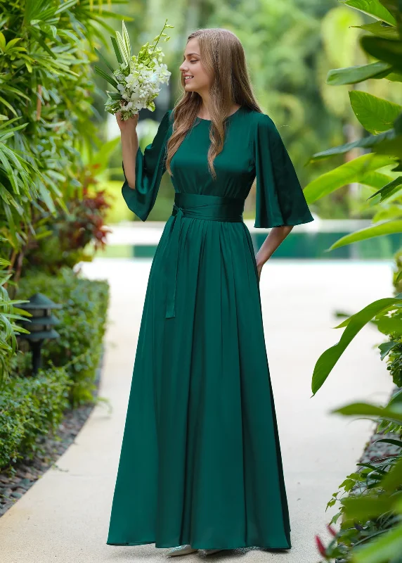 A-Line Dark Green Dress With Belt Long Bridesmaid Dress Wedding Guest Dress Maxi Dress