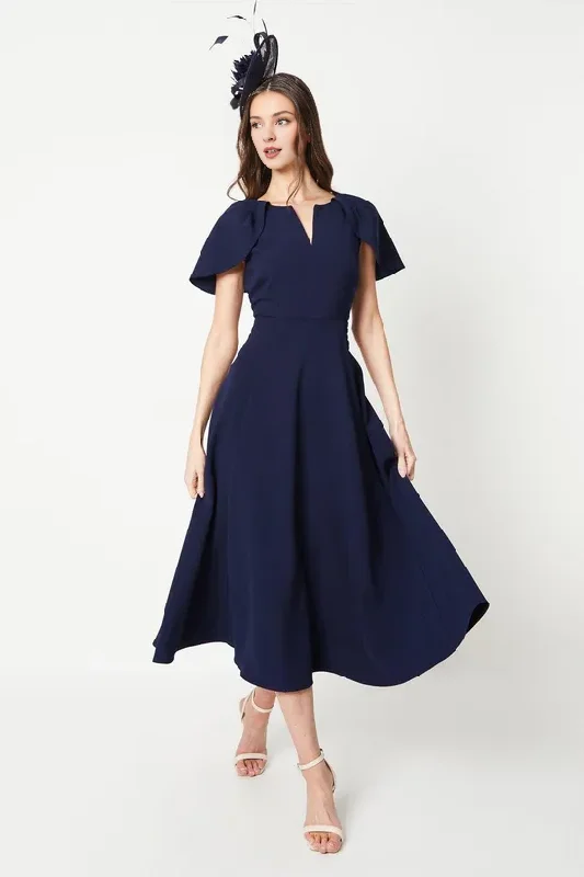 Dark-Navy A-Line Crepe Cape Sleeve Notch Neck Midi Dress Wedding Guest Dresses