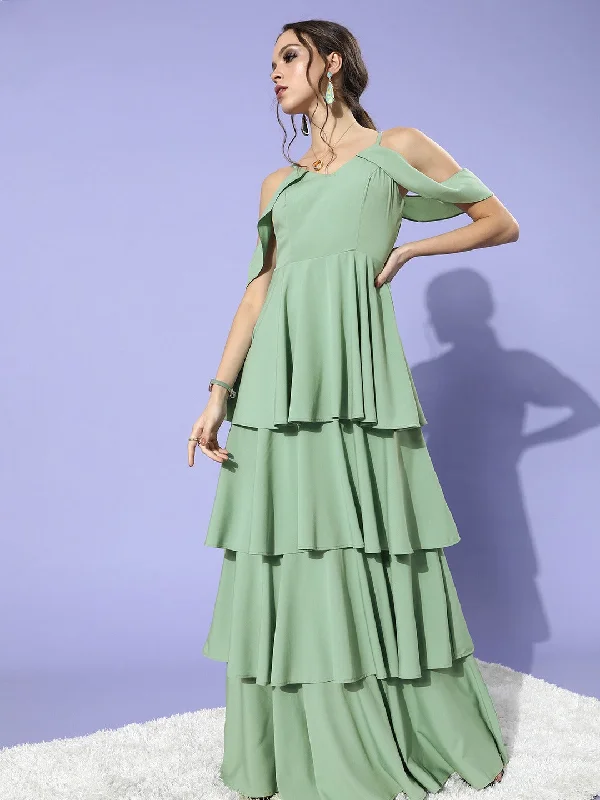 Berrylush Women Solid Green V-Neck Cold-Shoulder Flounce Hem Layered A-Line Maxi Dress