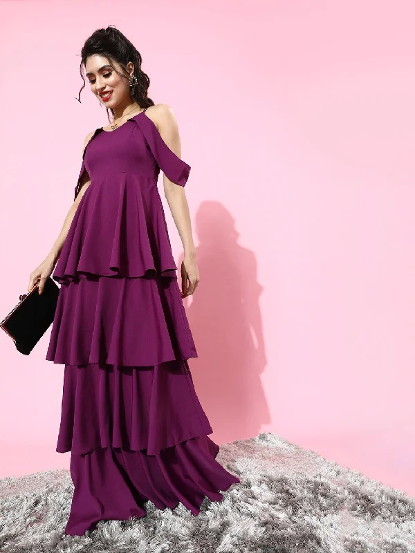 Berrylush Women Solid Purple V-Neck Crepe Layered Maxi Dress