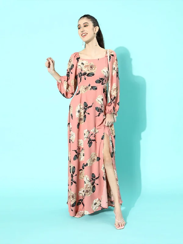 Berrylush Women Nude Pink Floral Printed Square-Neck Thigh-Slit Maxi Dress