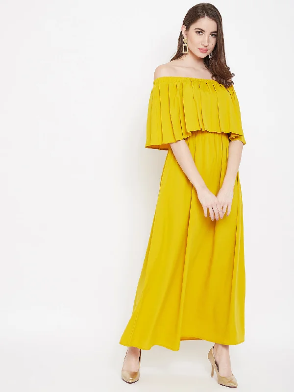 Berrylush Women Solid Yellow Off-Shoulder Neck Three-Quarter Sleeve Flared Maxi Dress