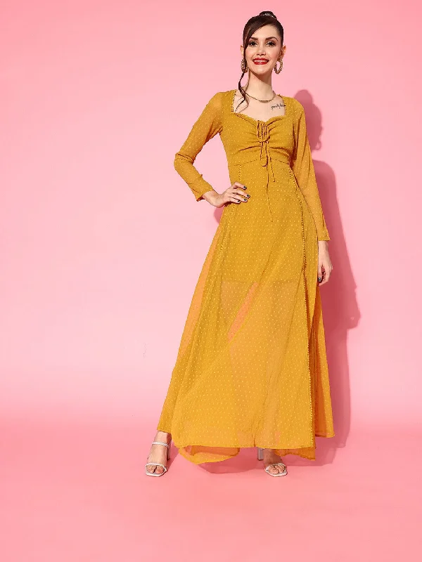 Berrylush Women Mustard Yellow Self-Design Sweetheart Neck Cutout Back Fit & Flare Maxi Dress