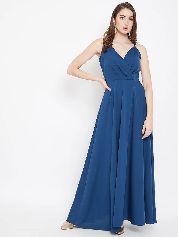 Berrylush Women Solid Blue V-Neck Sleeveless Crepe Thigh-High Slit A-Line Maxi Dress