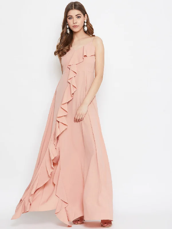 Berrylush Women Solid Pink V-Neck Front-Slit Ruffled Maxi Dress