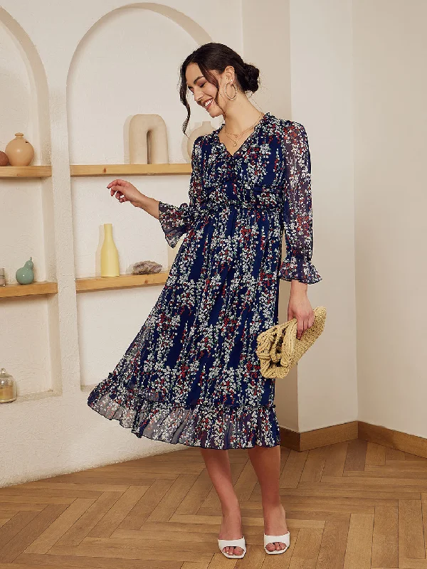 Berrylush Women Navy Blue, White, & Red Floral Printed V-Neck Bishop Sleeves Chiffon Flounce Hem Ruffled A-Line Midi Dress