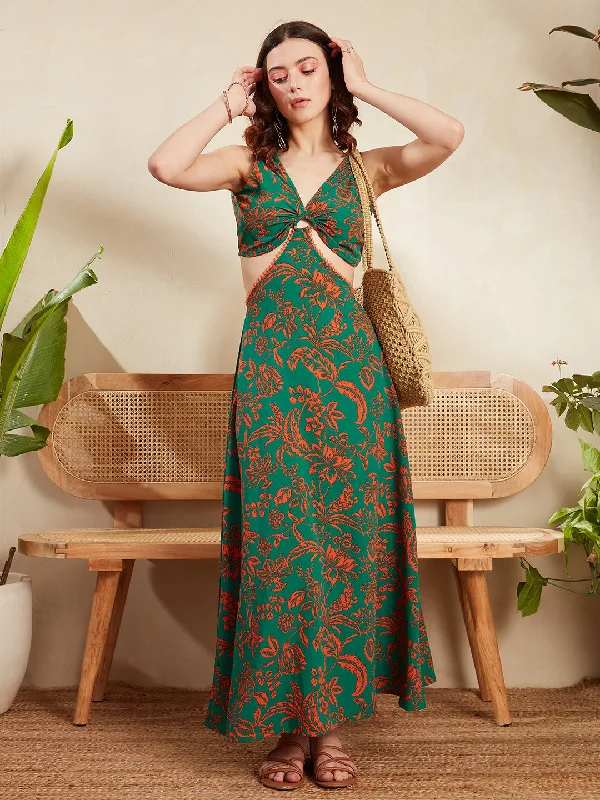 Berrylush Women Green & Orange Floral Printed V-Neck Ring Linked Cutout Tie-Up Backless Straight Hem Maxi Dress