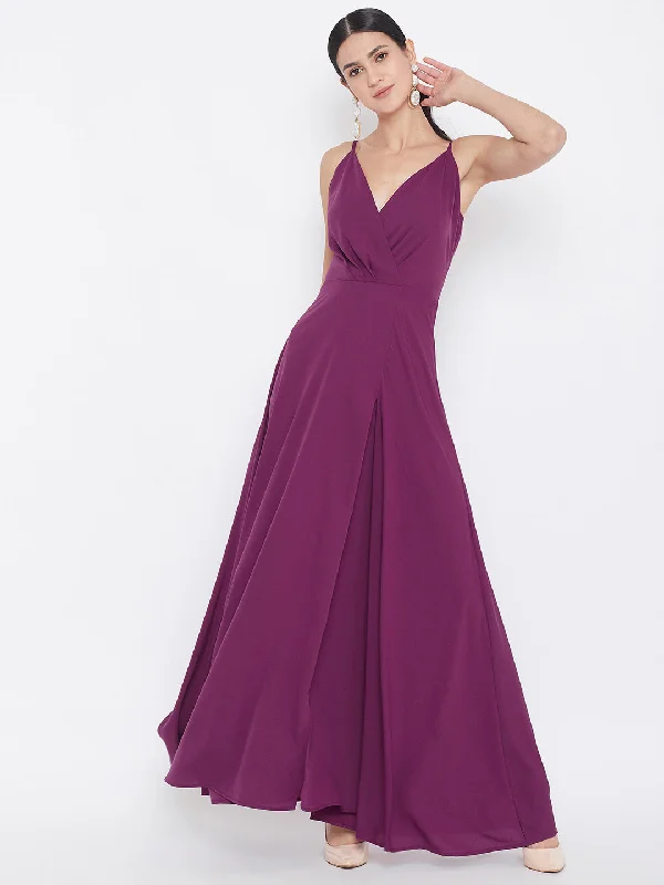 Berrylush Women Solid Dark Purple V-Neck A-Line Maxi Dress