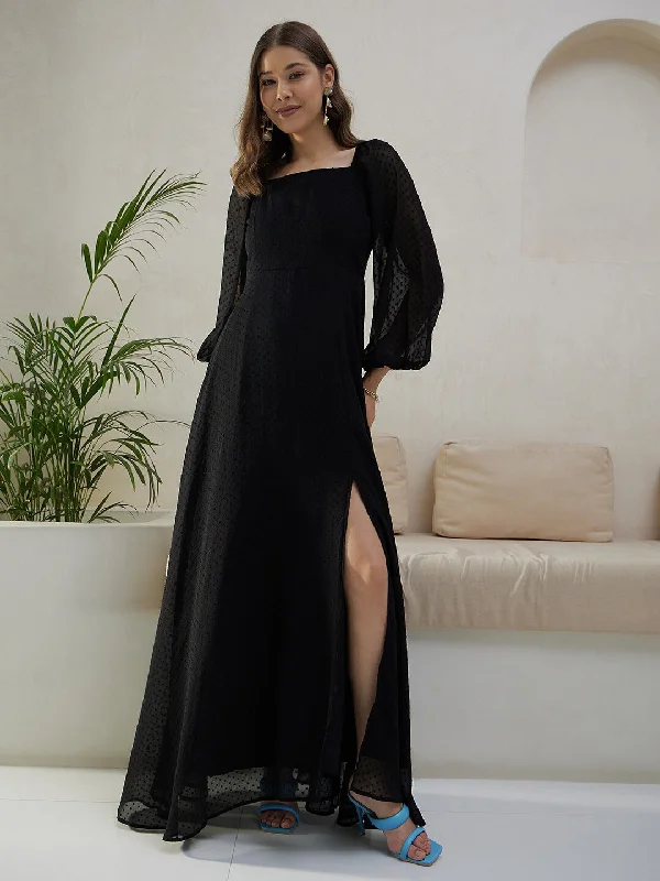 Berrylush Women Solid Black Dobby Weave Square Neck Puff Sleeves Thigh-High Slit Flared Maxi Dress