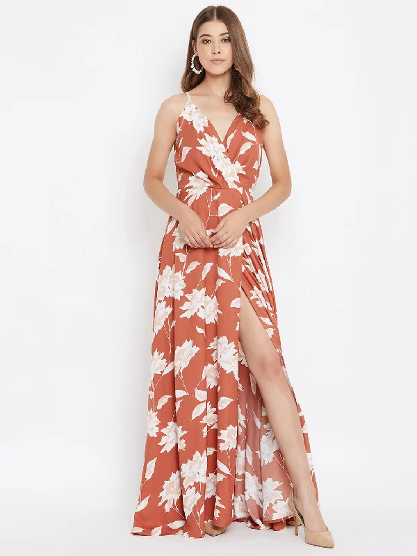 Berrylush Women Brown & White Floral Printed V-Neck Thigh-Slit Pleated Maxi Dress