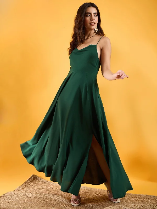 Berrylush Women Solid Green Cowl Neck Sleeveless Lace-Up Backless Thigh-High Slit Flared Maxi Dress