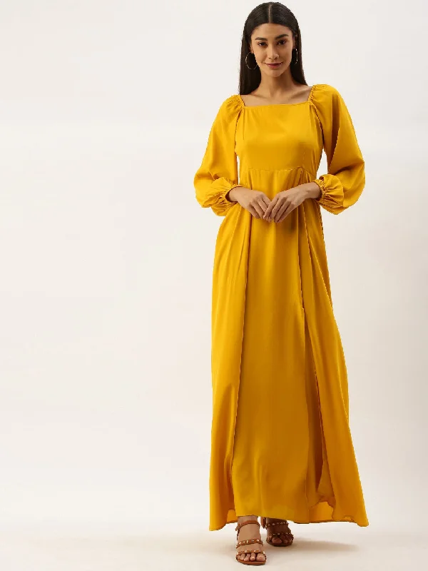 Berrylush Women Solid Yellow Square Neck Maxi Dress