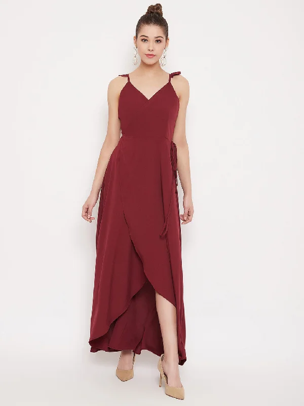 Berrylush Women Solid Maroon V-Neck Thigh-High Slit Tulip Hem Wrap Maxi Dress