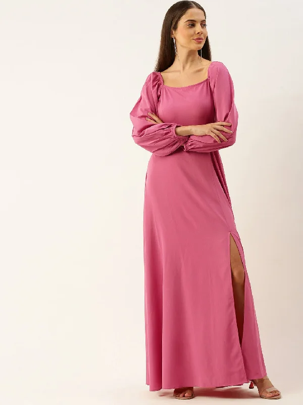 Berrylush Women Solid Pink Square Neck Slim-Fit Maxi Dress