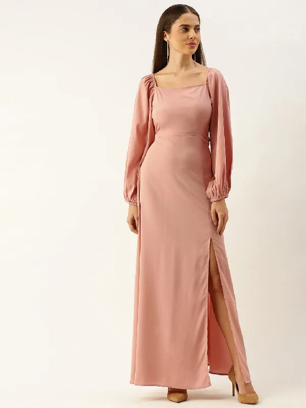 Berrylush Women Solid Peach Square Neck Slim-Fit Maxi Dress