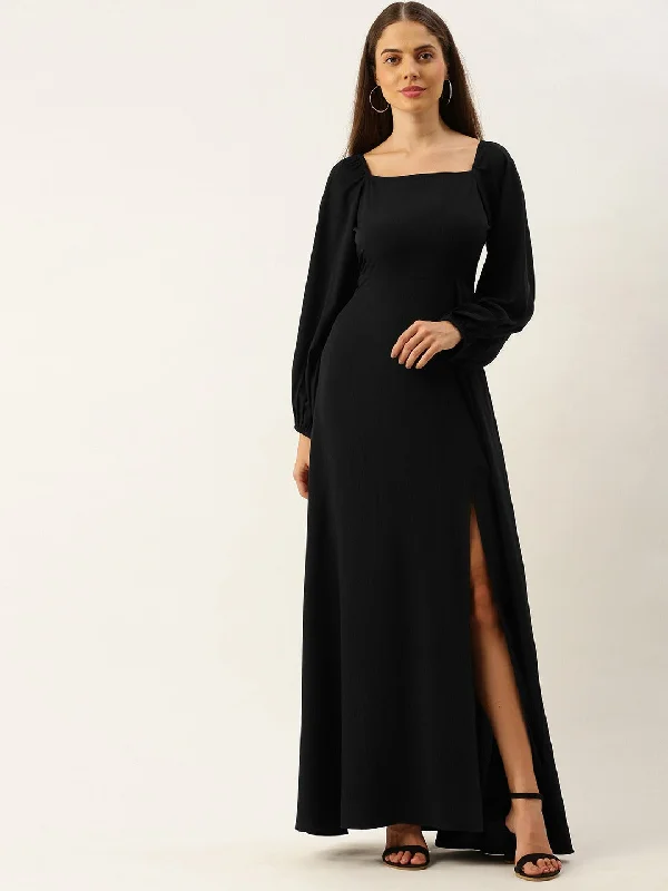 Berrylush Women Solid Black Square Neck High Slit Maxi Dress