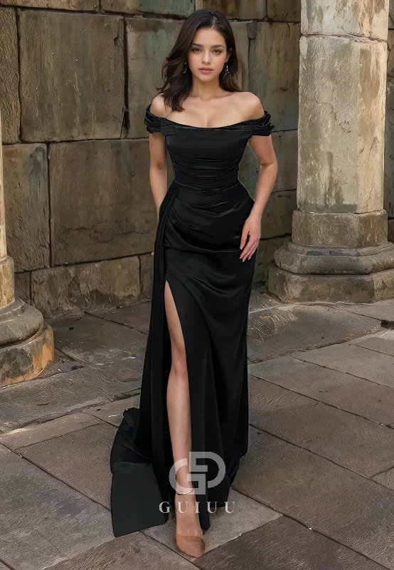 Sheath Off Shoulder Sleeveless Pleated Long Prom Dress with High Side Slit and Train