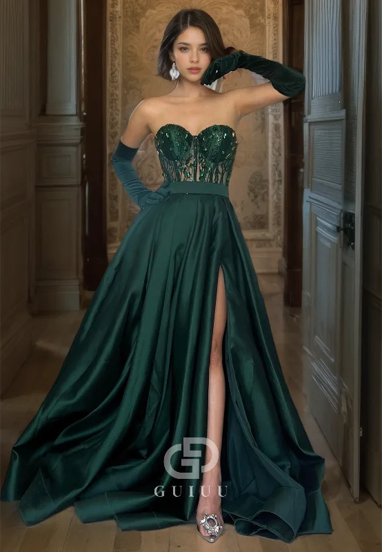 Pleated Sexy Sweetheart Prom Dress Dark Green Crystal Evening Dress with High Slit