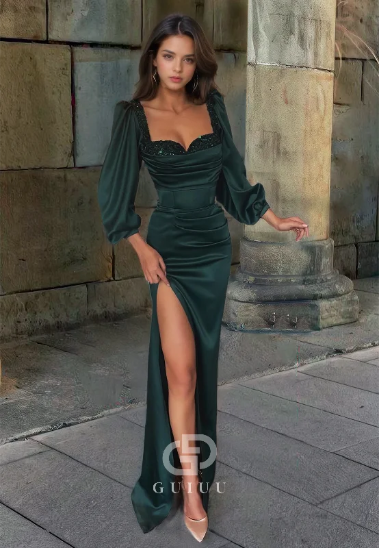 Draped Sequined Prom Dress with Long Sleeves and High Slit Dark Green Formal Evening Dress