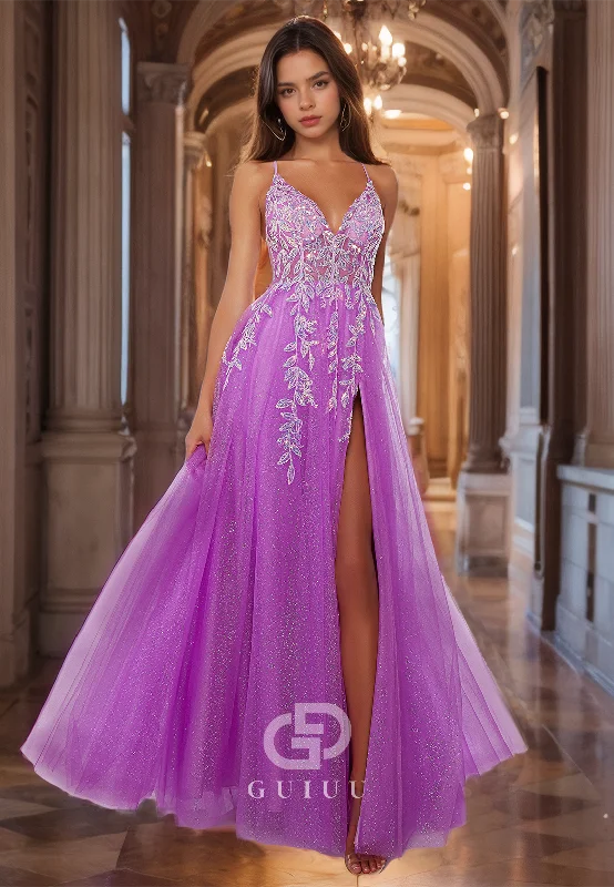 Crisscross Violet V-Neck Crystal Beaded  A-Line Prom Dress with Side Slit and Sequins Sleeveless