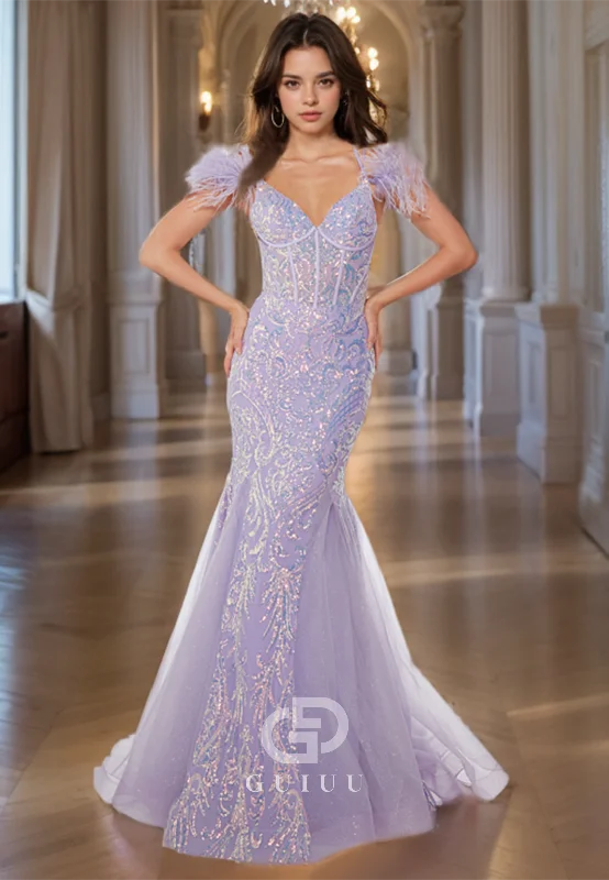 Mermaid Gorgeous Lace-Up Lavender Prom Dress with Feathers and Sequines