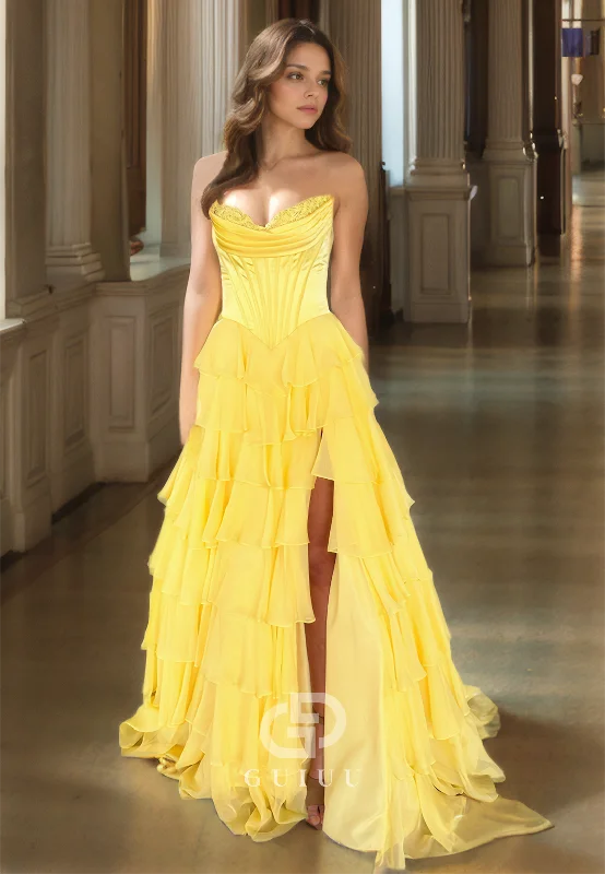 A Line Sweetheart Tiered Yellow Long Prom Dress with Slit Formal Gown