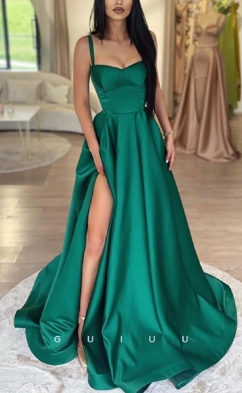 G3580 - Chic & Modern A-Line Semi-Sweetheart Satin High Side Slit Floor-Length Party Gown Prom Dress