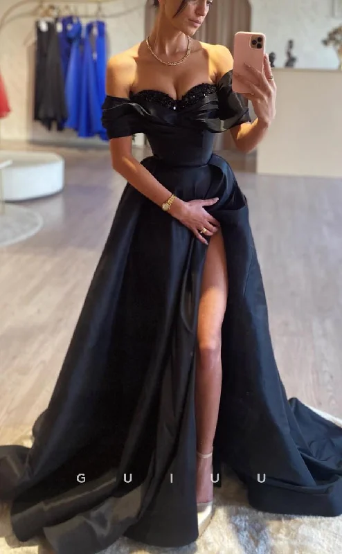 G3643 - Chic & Modern A-Line Off Shoulder Beaded Draped Long Party Prom Dress with Slit and Sweep Train