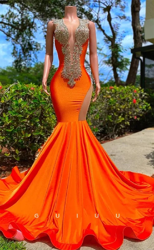 G3663 - Elegant & Luxurious Trumpet Scoop Illusion Beaded Backless Draped Floor-Length Party Gown Prom Dress