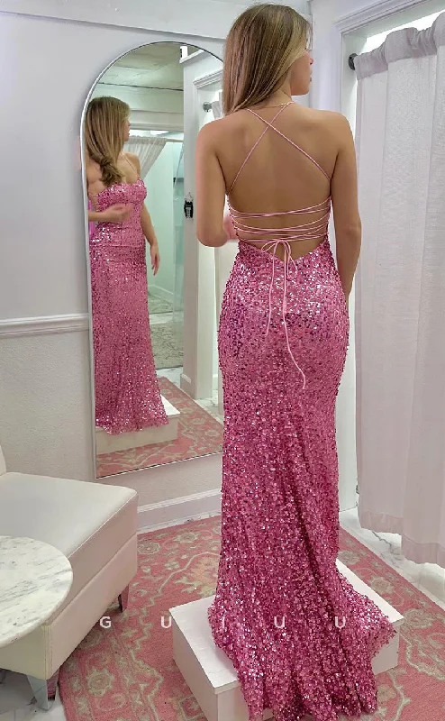 G3691 - Mermaid Strapless Straps Sleeveless Fully Sequined Criss-Cross Straps Long Prom Dress with Train