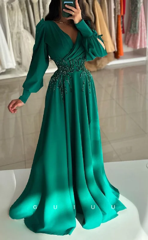 G3829 - Chic & Modern A-Line V-Neck Draped and Beaded Floor-Length Party Gown Prom Dress with Long Bishop Sleeves