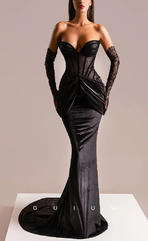 G3874 - Sexy & Hot Sheath V-Neck Corset Strapless Allover Lace Draped Black Party Prom Dress with Long Gloves and Sweep Train