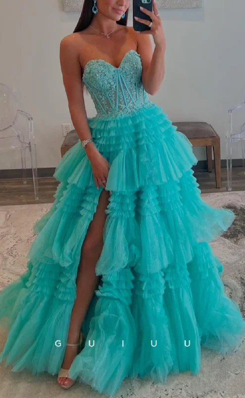 G3913 - Chic & Modern A-Line Sweetheart Floral Appliqued and Sequined Ballgown Prom Dress with High Side Slit