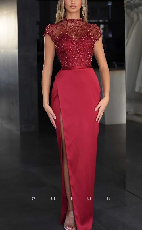 G4107 - Chic & Modern Sheath Scoop Illusion Beaded and Draped Formal Evening Party Prom Dress with High Side Slit and Overlay