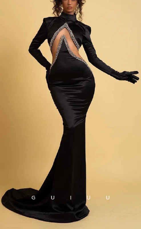 G4127 - Sexy & Hot Mermaid High Neck Cut-Outs Beaded Evening Gown Prom Dress with Long Gloves and Sweep Train