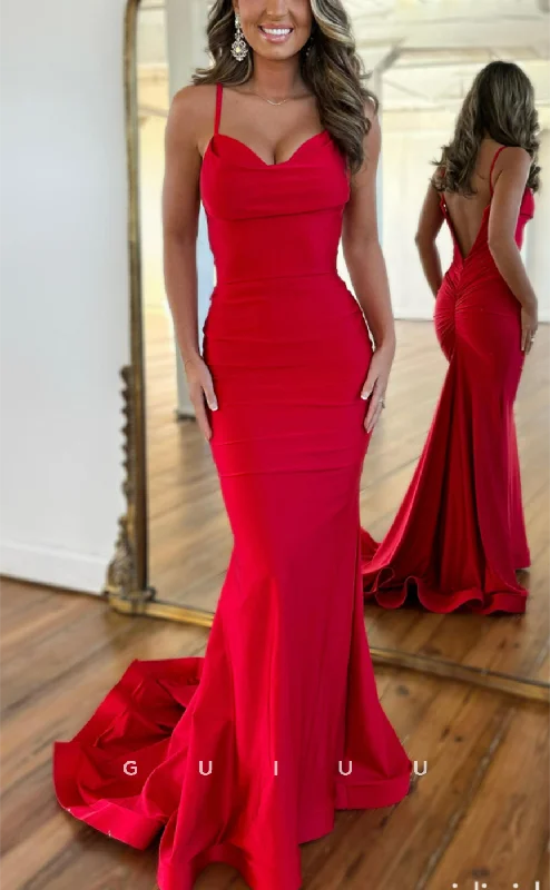 G4152 - Sexy & Hot Mermaid V-Neck Straps Draped Evening Party Prom Dress with Sweep Train