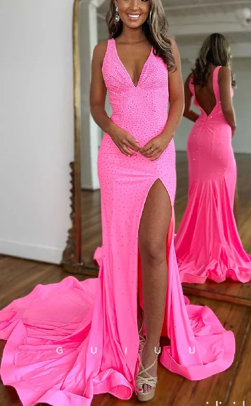 G4163 - Sexy & Hot Sheath V-Neck Fully Beaded Evening Gown Prom Dress with High Side Slit and Sweep Train