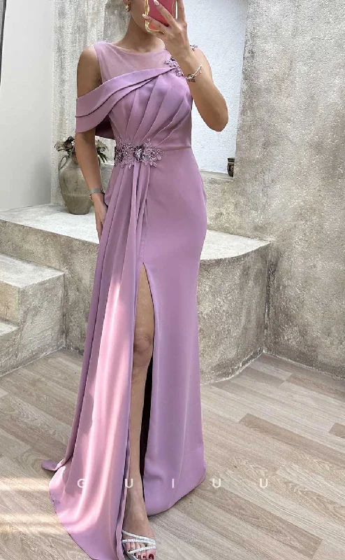 G4168 - Chic & Modern Sheath Scoop Beaded and Draped Formal Evening Gown Prom Dress with High Side Slit