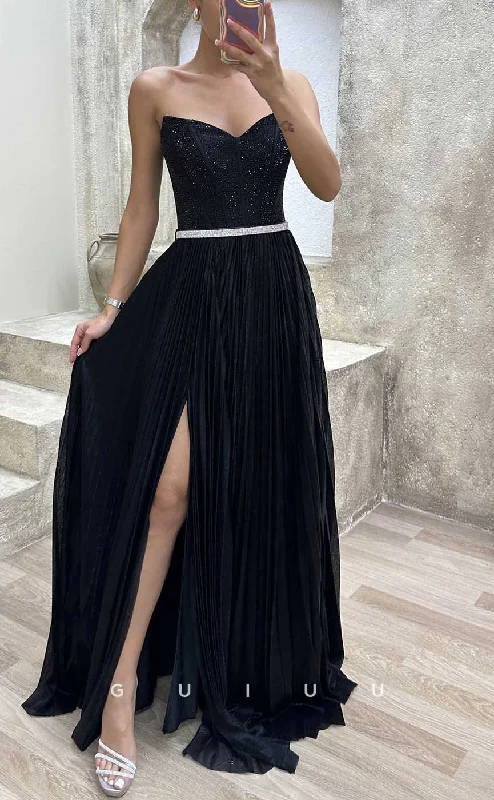 G4172 - Classic & Timeless A-Line V-Neck Beaded and Draped Formal Gown Prom Dress with High Side Slit