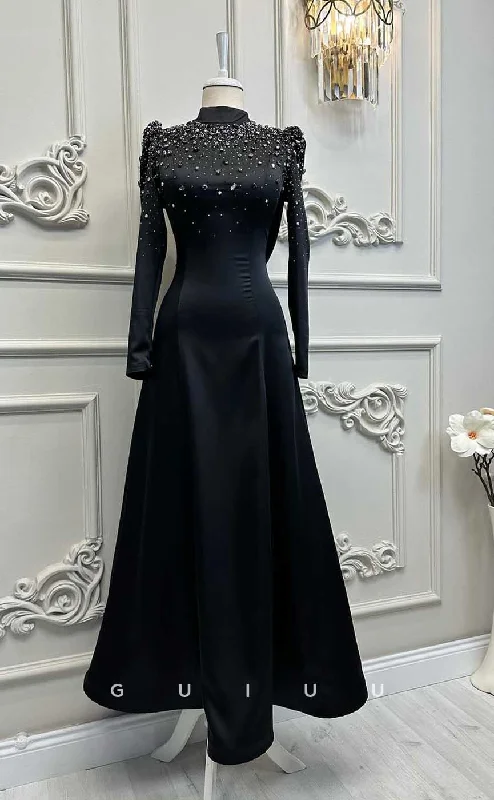 G4201 - Classic & Timeless A-Line High Neck Beaded and Draped Formal Party Prom Dress with Long Sleeves