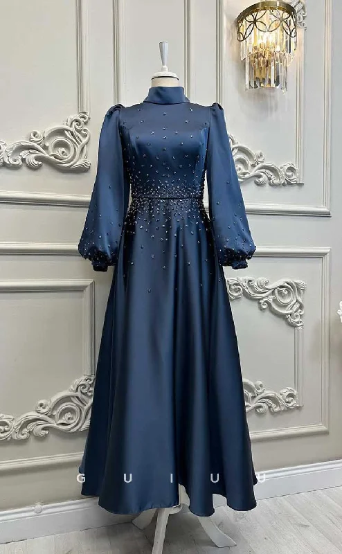 G4208 - Classic & Timeless A-Line High Neck Draped and Beaded Formal Party Prom Dress with Long Bishop Sleeves