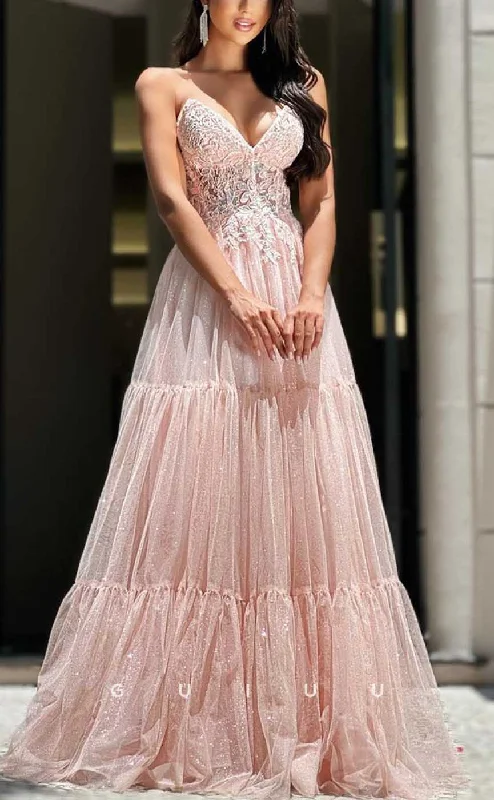 G4214 - Chic & Modern A-Line V-Neck Strapless Pleated and Floral Appliqued Formal Party Prom Dress