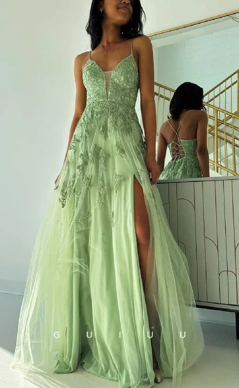 G4276 - Chic & Modern A-Line V-Neck Floral Appliqued and Draped Evening Gown Prom Dress with High Side Slit