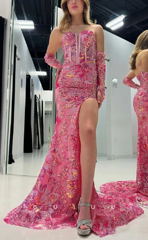 G4345 - Sexy & Hot Sheath Sweetheart Fully Floral Sequined Evening Party Prom Dress with High Side Slit and Sweep Train