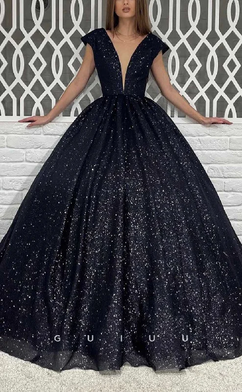 G4381 - Sexy & Hot A-Line Plunging V-Neck Sparkly and Draped Evening Prom Dress with Cap Sleeves