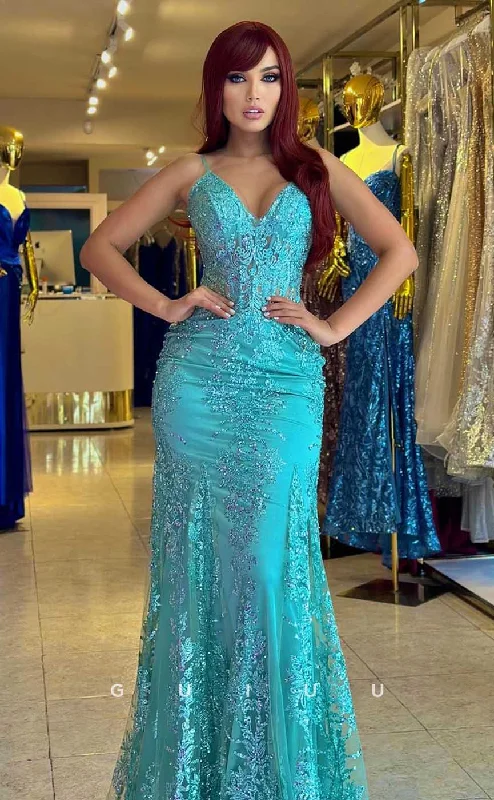 G4459 - Mermaid Column V N eck Halter Alliques Long Party Prom Dress for Black Girl Slay